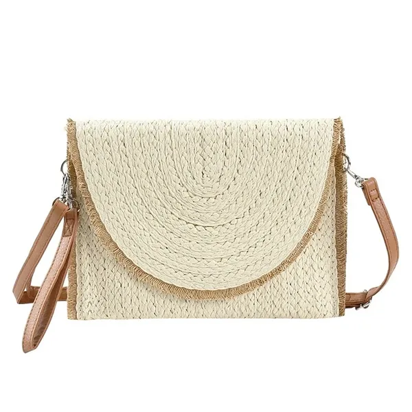 H27827 Women Clutch Bag Frayed Trim Straw Clutch-1